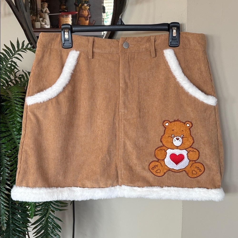 Brand New SHEIN X Care Bears Embroidered Tan Corduroy Mini Skirt Faux Fur Trim - Picture 2 of 15